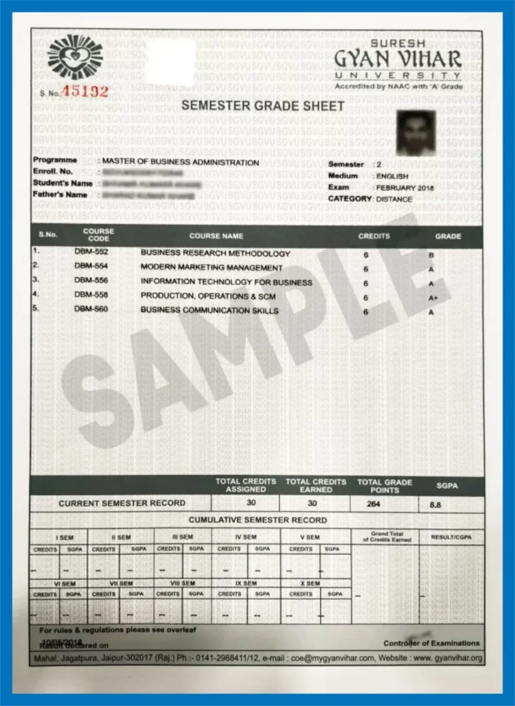 SGVU Sample degree