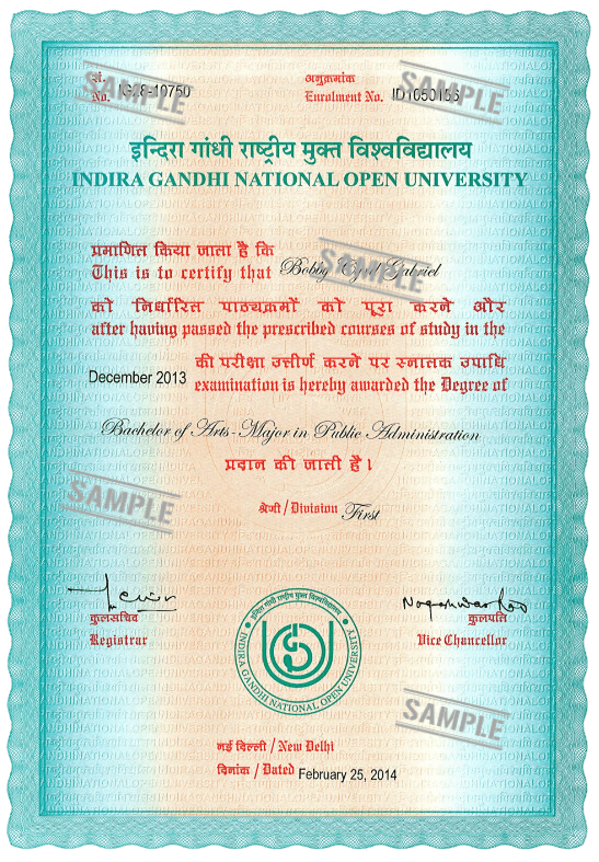 ignou sample certificate